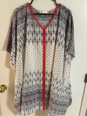Cupshe White & Navy Plus Size Printed Swim Coverup with Red Trim